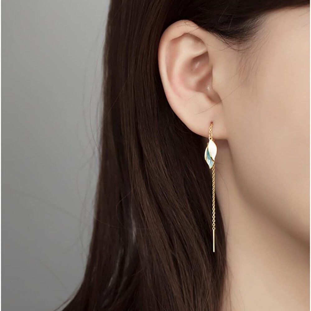 Solid 925 Sterling Silver Leaf Chain Dangle Earri… - image 3